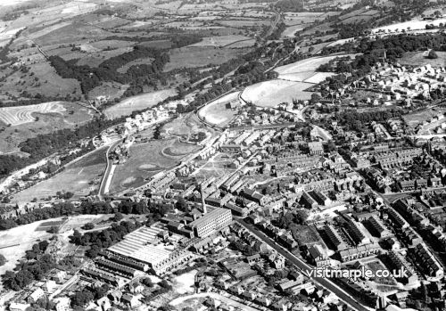 1955 view of Marple from the air taken by Gordon Mills showing Hollins Mill before demolition.