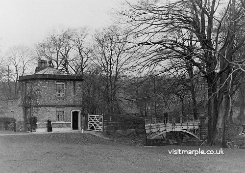 An image of the Iron bridge and cottage in around 1890