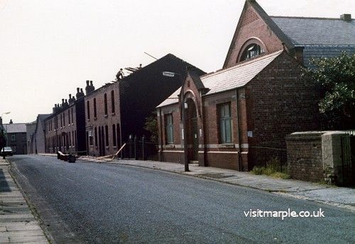 Chadwick Street Parish Hall and houses backing onto the Carver in 1970