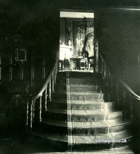 Stairs from the Ante Room at Marple Hall looking up to the Drawing Room, 1902. 