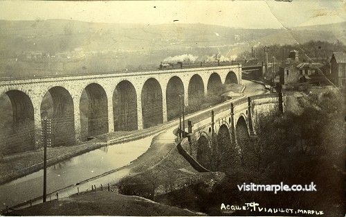 A well composed shot of Marple Aqueduct and Viaduct with the Queens Hotel and Aqueduct Mill visible. Postmarked 1908. 