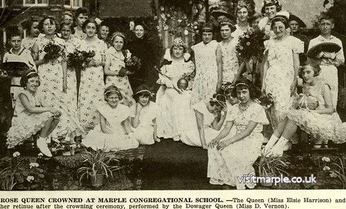 Marple Bridge Congregational School Rose Queen (Miss Elsie Harrison) with her retinue after being crowned by Dowager Queen (Miss D. Vernon). From Marple Local History Society Archives. 