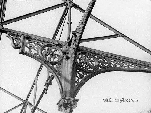 The 1875 ironwork of the canopies of Marple station shortly before demolition. Note that the large roundel in the canopy contains the intertwined letters 