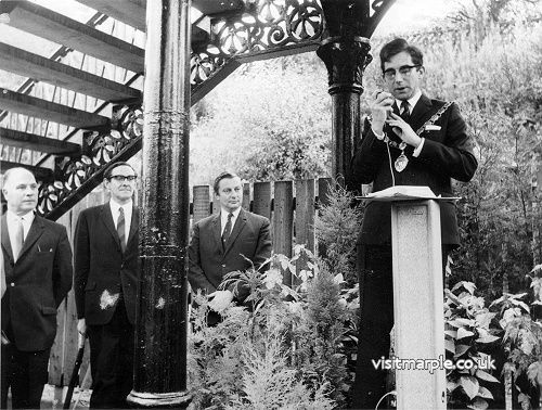 Monty Burton, chairman of Marple UDC at the official reopening of Marple Station on 28 October 1970.