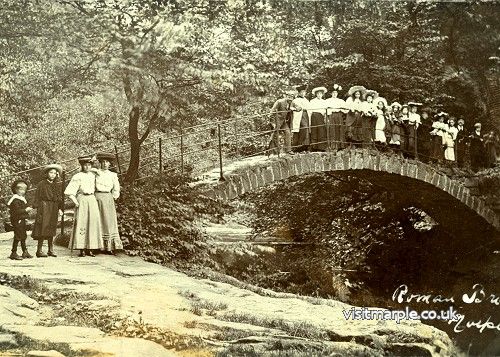 Visitors to Roman Lakes pose at Roman Bridge. From Marple Local History Society Archives. 