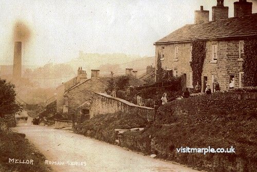 Waller Mill chimney, Mellor Sunday School and Green Doors Cottages at Moor End c1900.