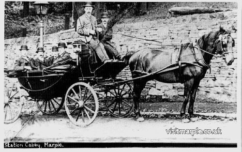 A horse drawn landau outside Marple Station on Brabyns Brow cab rank c. 1900.